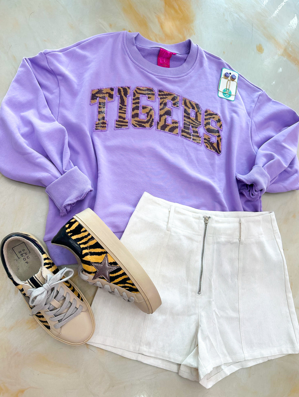 QOS Lavender Tiger Print 'Tigers' Sweatshirt