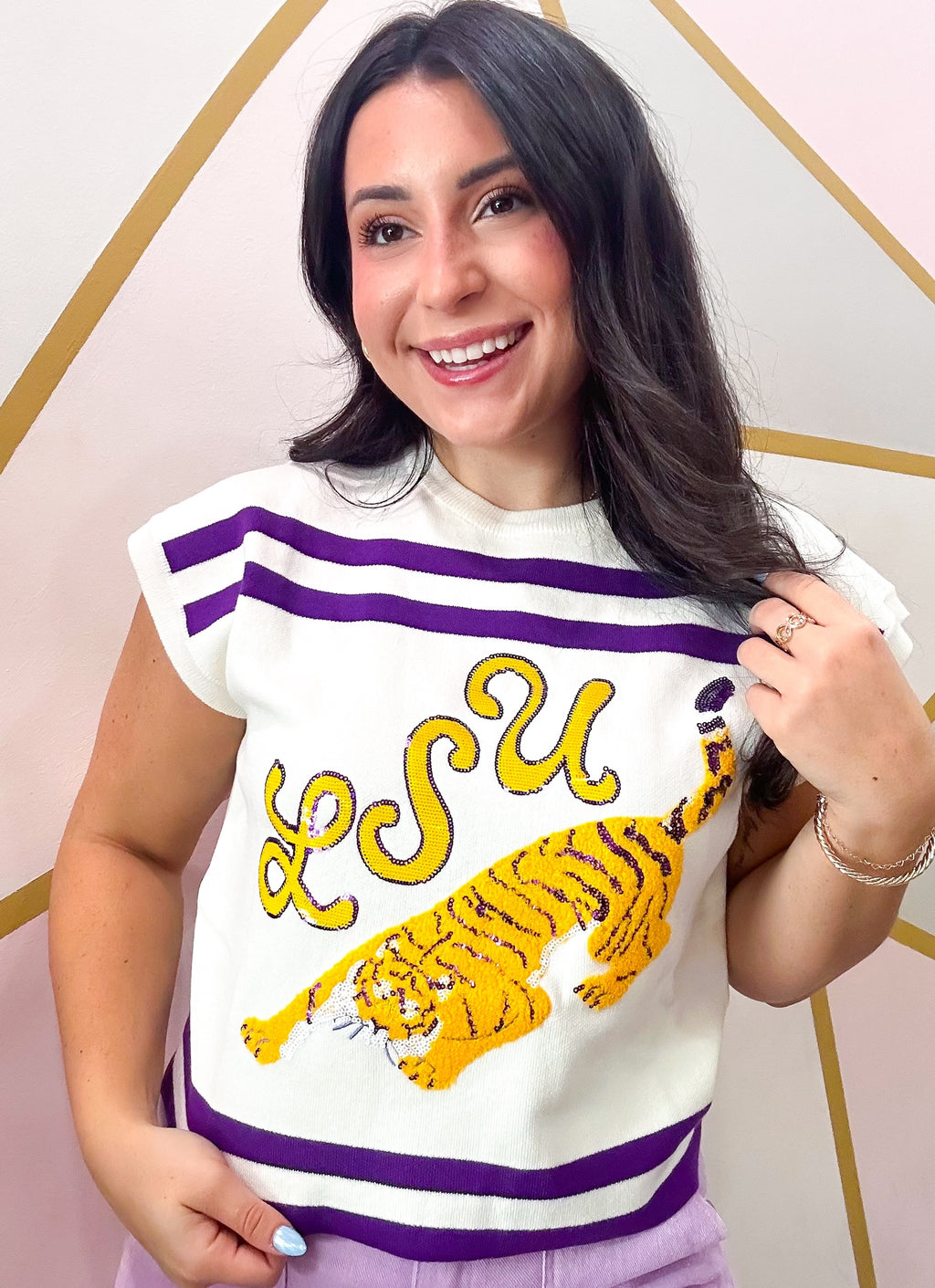 QOS Licensed Purple & Gold 'LSU Tigers' Striped Short Sleeve Top